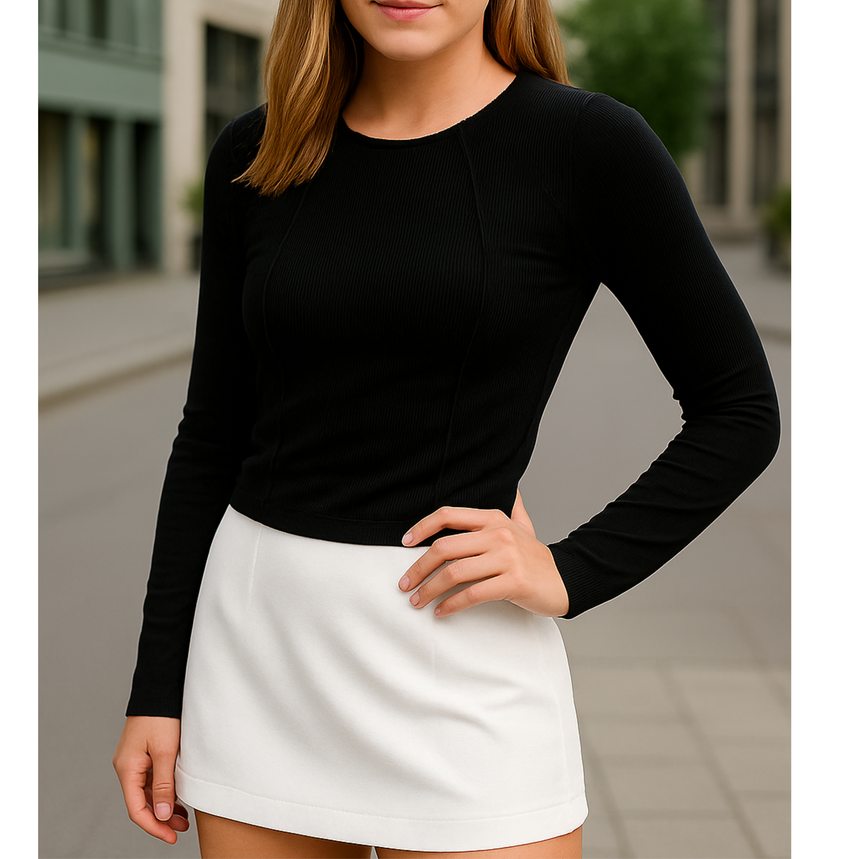 Lystina | Elegant Ribbestrikket Langermet Topp